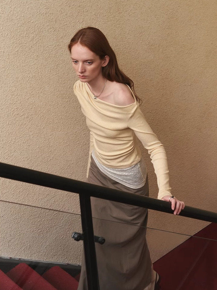 Cream Yellow Cowl Neck Knit Top with Lace Details - Image 4