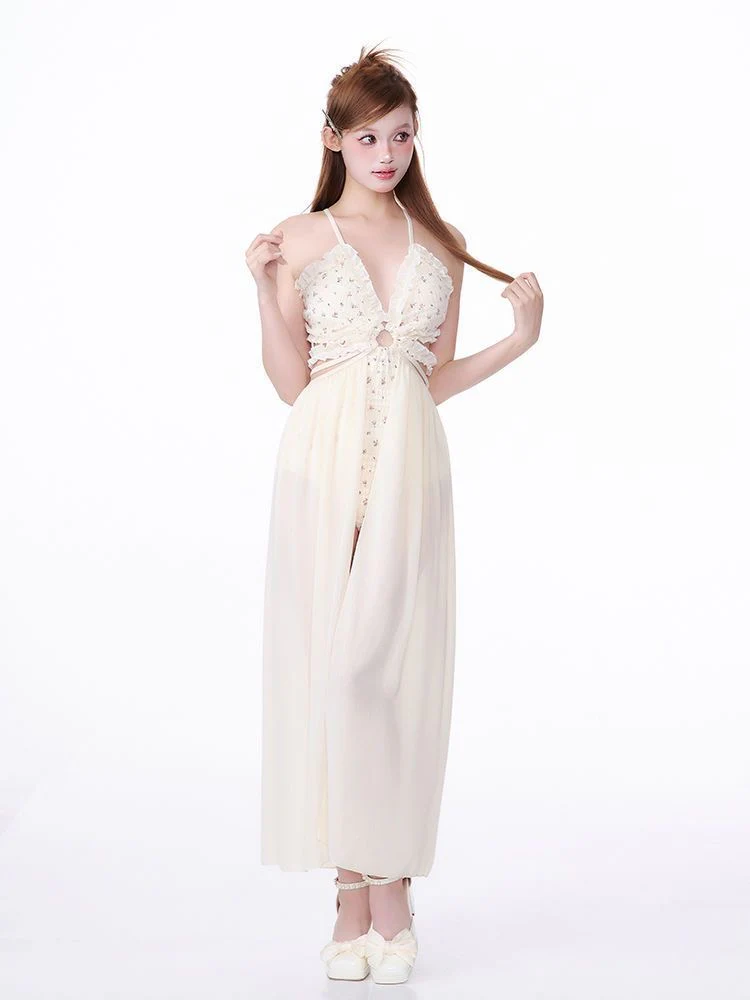 Creamy White Floral One-Piece Swimsuit with Tulle Skirt - Image 4