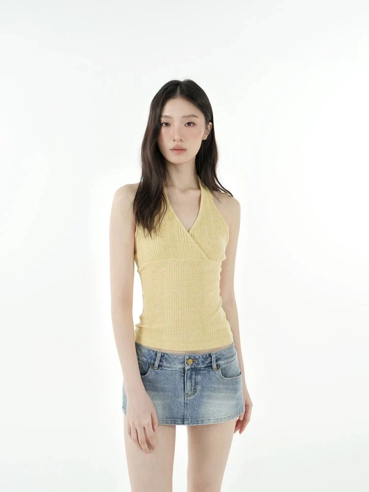 Crisscross V-Neck Ribbed Knit Halter Top | Slim Fit Y2K Crop Cami - Image 4