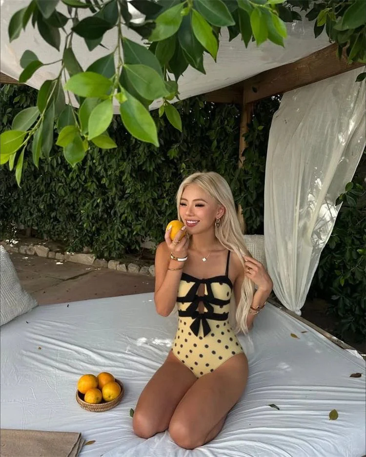 Cut Out Polka Dot One Piece Swimsuit with Front Tie Detail - Image 3