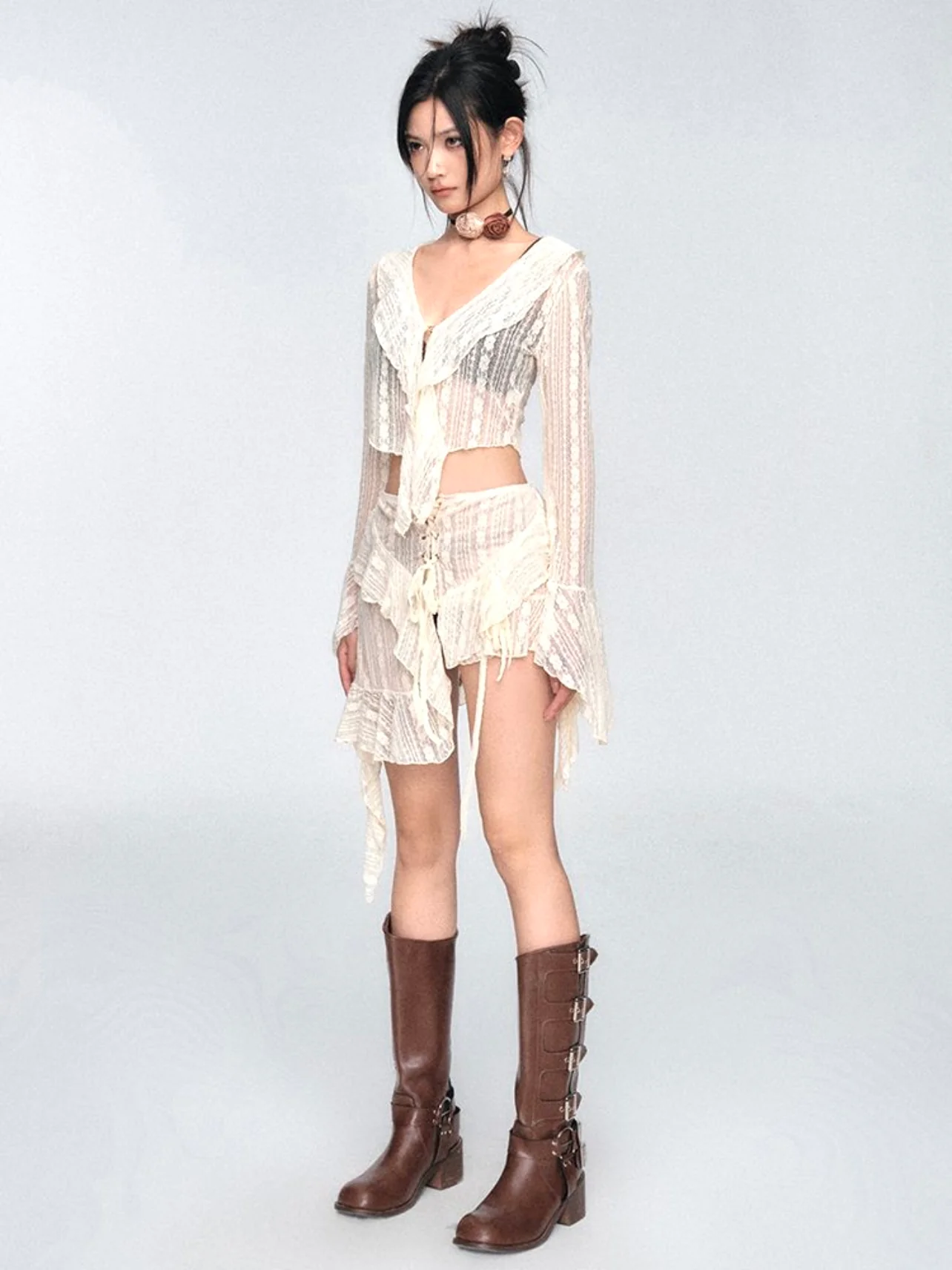 Fairycore Sheer Lace 2-Piece Set - Ruffle V-Neck Long Sleeve Crop Top & Asymmetrical Mini Skirt - Boho Grunge Coquette Aesthetic Outfit - Image 4