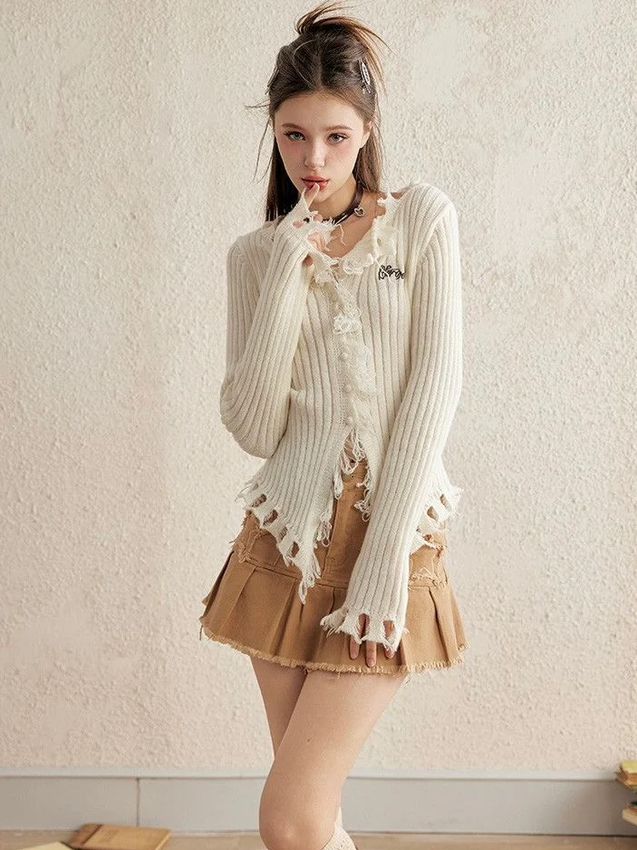 Distressed Ruffle Knit Cardigan - White Cropped Long Sleeve Sweater - Raw Hem Grunge Coquette Top - INNA Original Design - Image 2