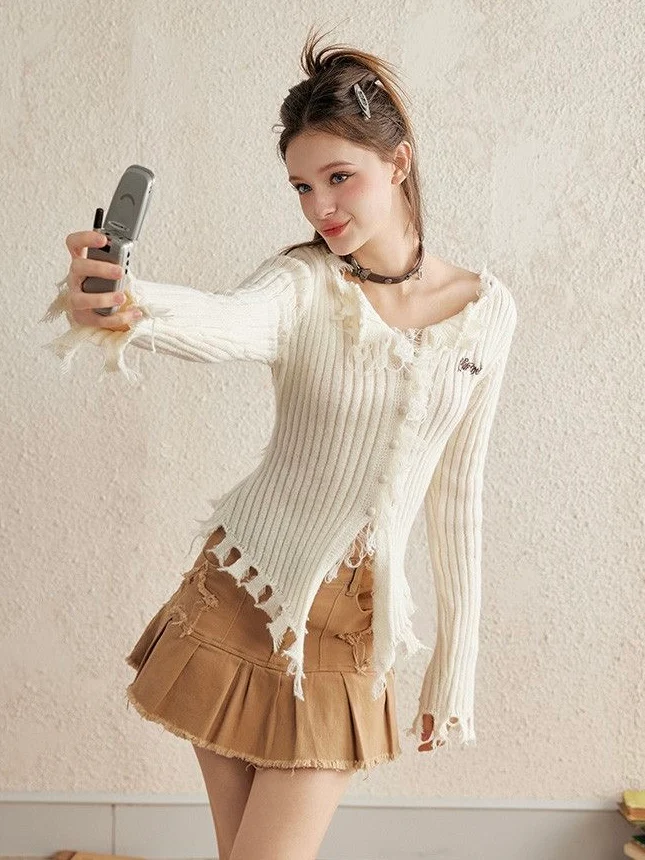 Distressed Ruffle Knit Cardigan - White Cropped Long Sleeve Sweater - Raw Hem Grunge Coquette Top - INNA Original Design - Image 3