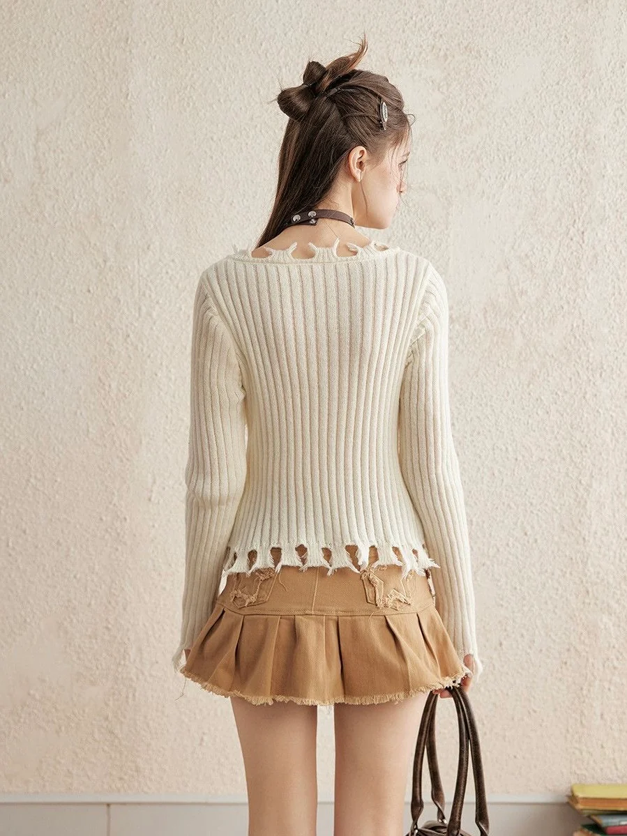 Distressed Ruffle Knit Cardigan - White Cropped Long Sleeve Sweater - Raw Hem Grunge Coquette Top - INNA Original Design - Image 4