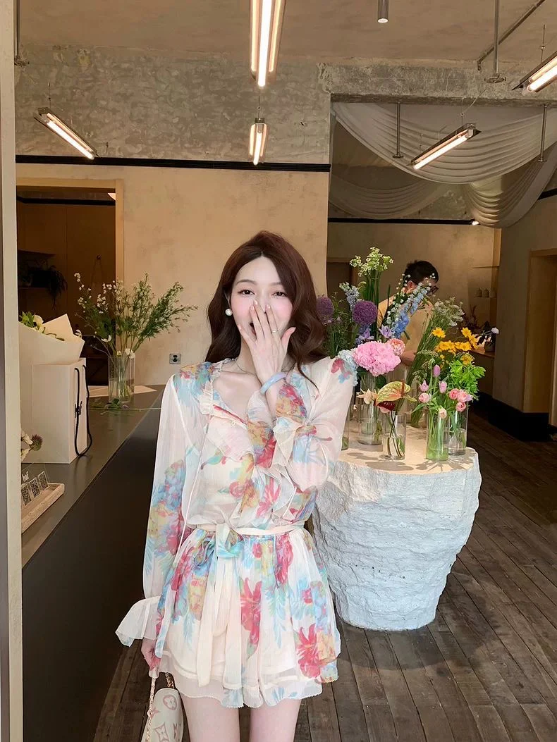 Floral Sheer Belted Mini Dress - Image 2