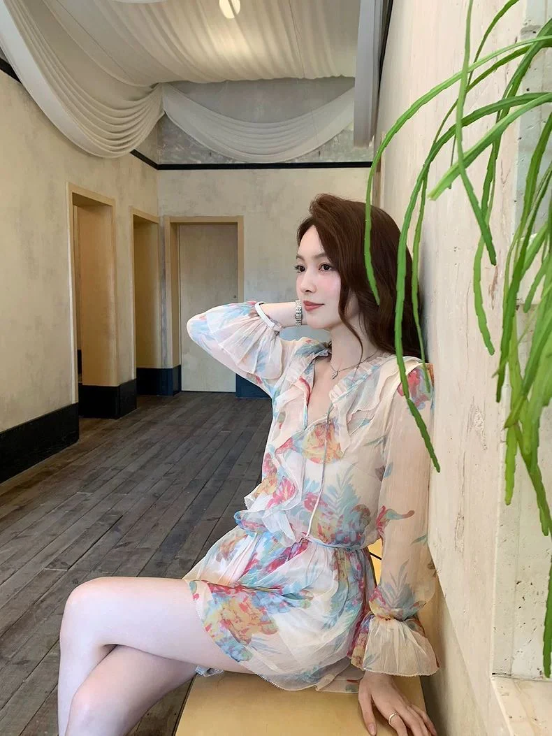 Floral Sheer Belted Mini Dress - Image 4