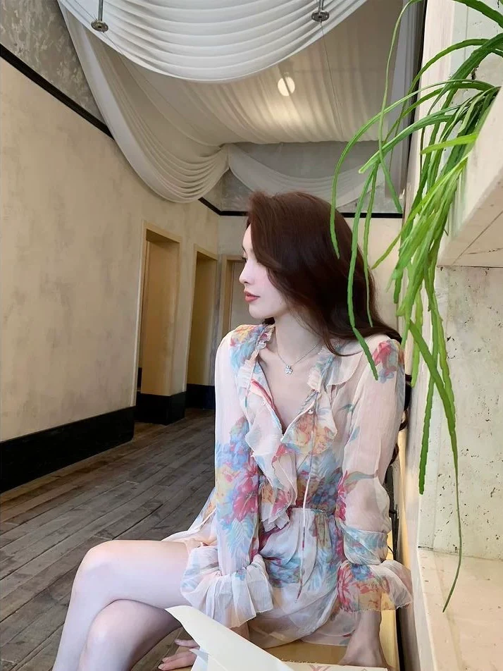 Floral Sheer Belted Mini Dress - Image 5