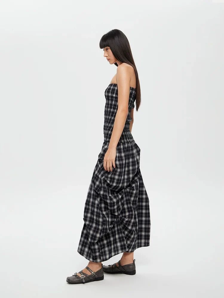 Dual-Wear Structured Plaid Strapless Maxi Dress - Image 3