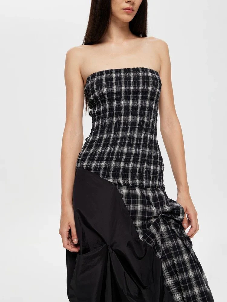Dual-Wear Structured Plaid Strapless Maxi Dress - Image 5
