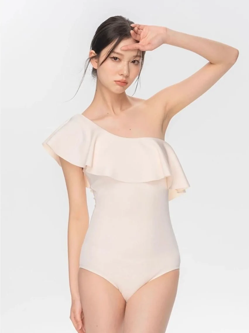 ÉLAN Ivory One Shoulder Ruffle One Piece Swimsuit - Image 3