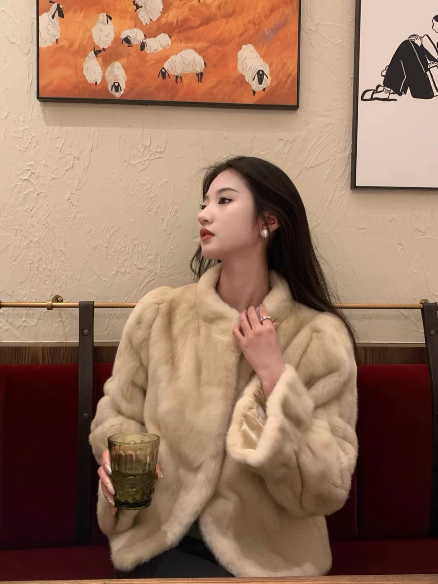 Elegant Faux Mink Fur Velvet Coat – Short Shearling Style with Stand Collar - Image 4