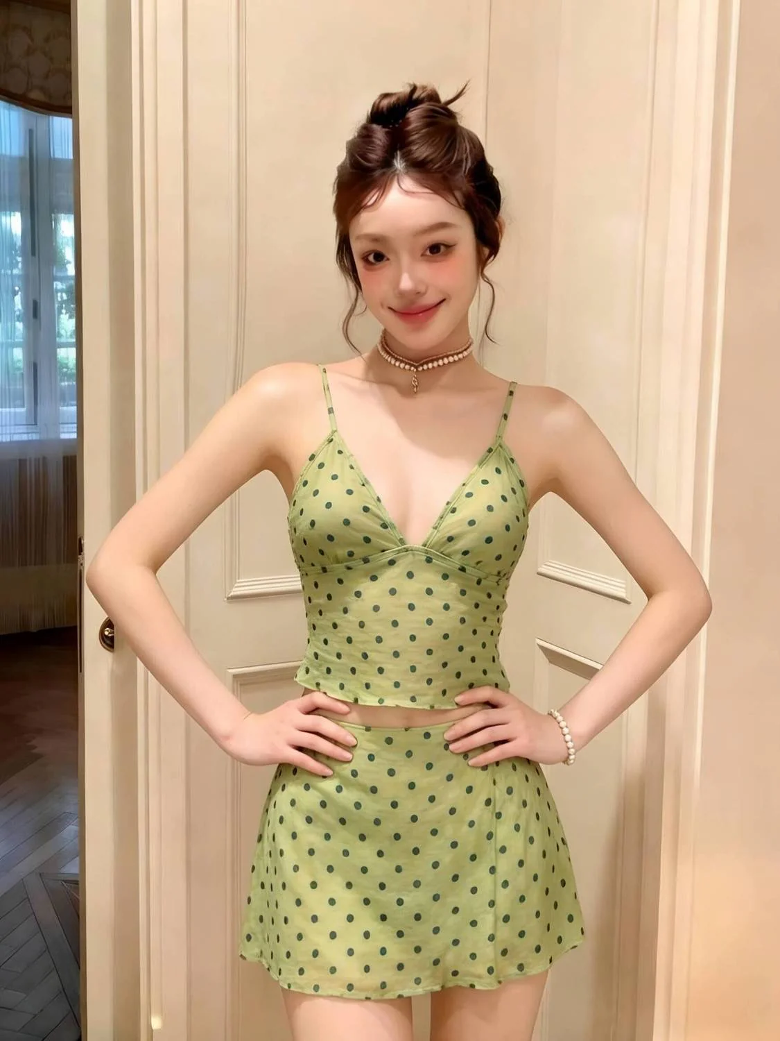Elf Green Polka Dot Camisole Bikini Top with Matching Mini Skirt Set - Image 3