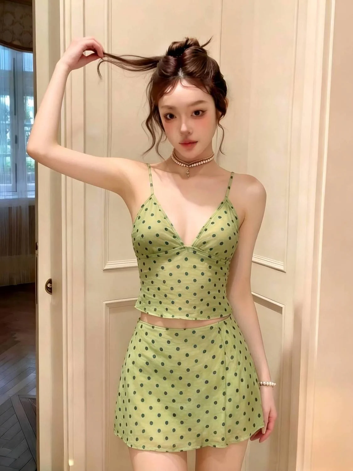 Elf Green Polka Dot Camisole Bikini Top with Matching Mini Skirt Set - Image 4