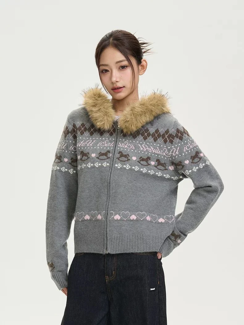 Fair Isle Knit Zip Jacket with Faux Fur Collar - Image 3