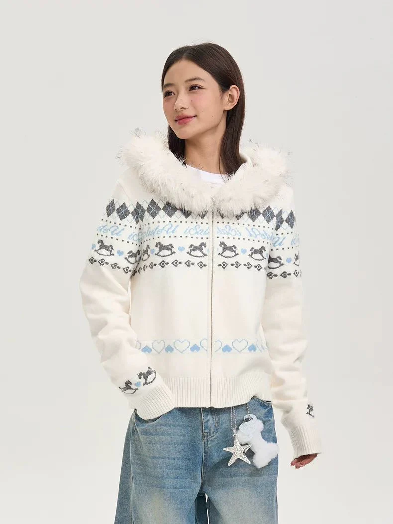 Fair Isle Knit Zip Jacket with Faux Fur Collar - Image 4