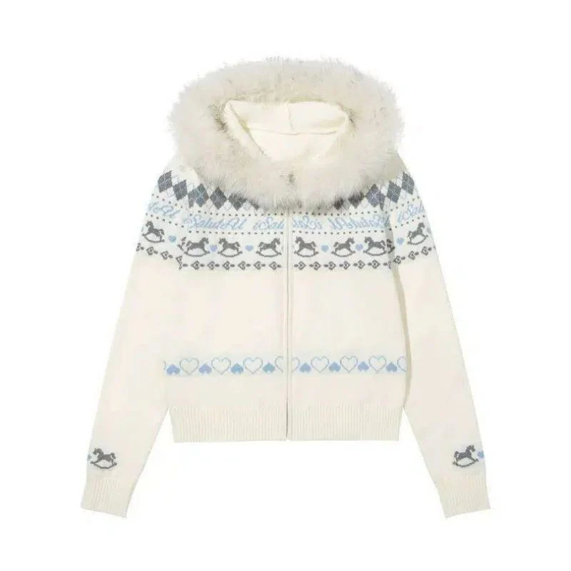 Fair Isle Knit Zip Jacket with Faux Fur Collar - Image 5