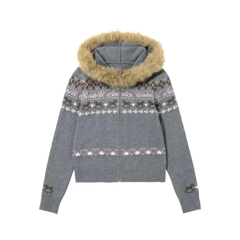Fair Isle Knit Zip Jacket with Faux Fur Collar - Image 6