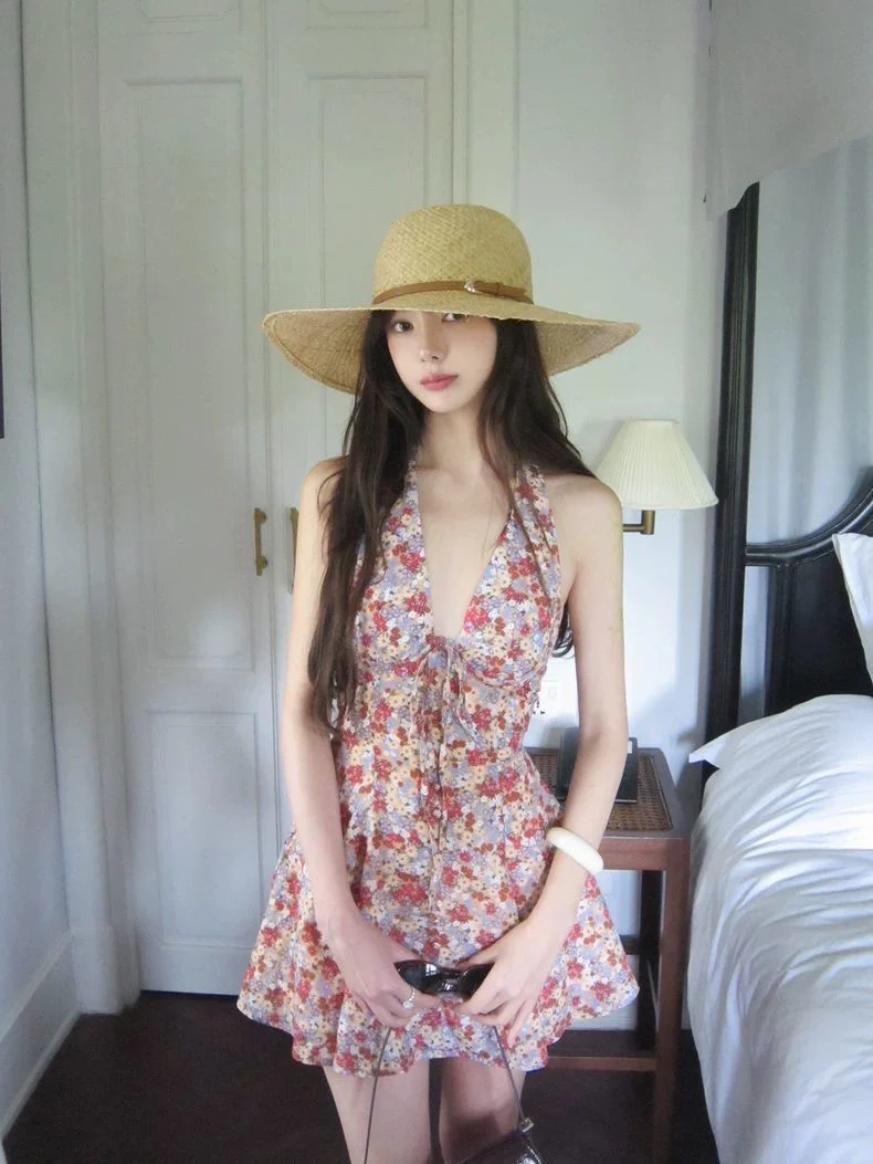 Floral Halter Backless Summer Dress