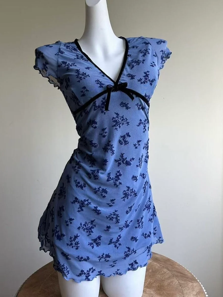 Floral Lace-Trim Mini Swimdress - Blue Vintage Elegance - Image 3