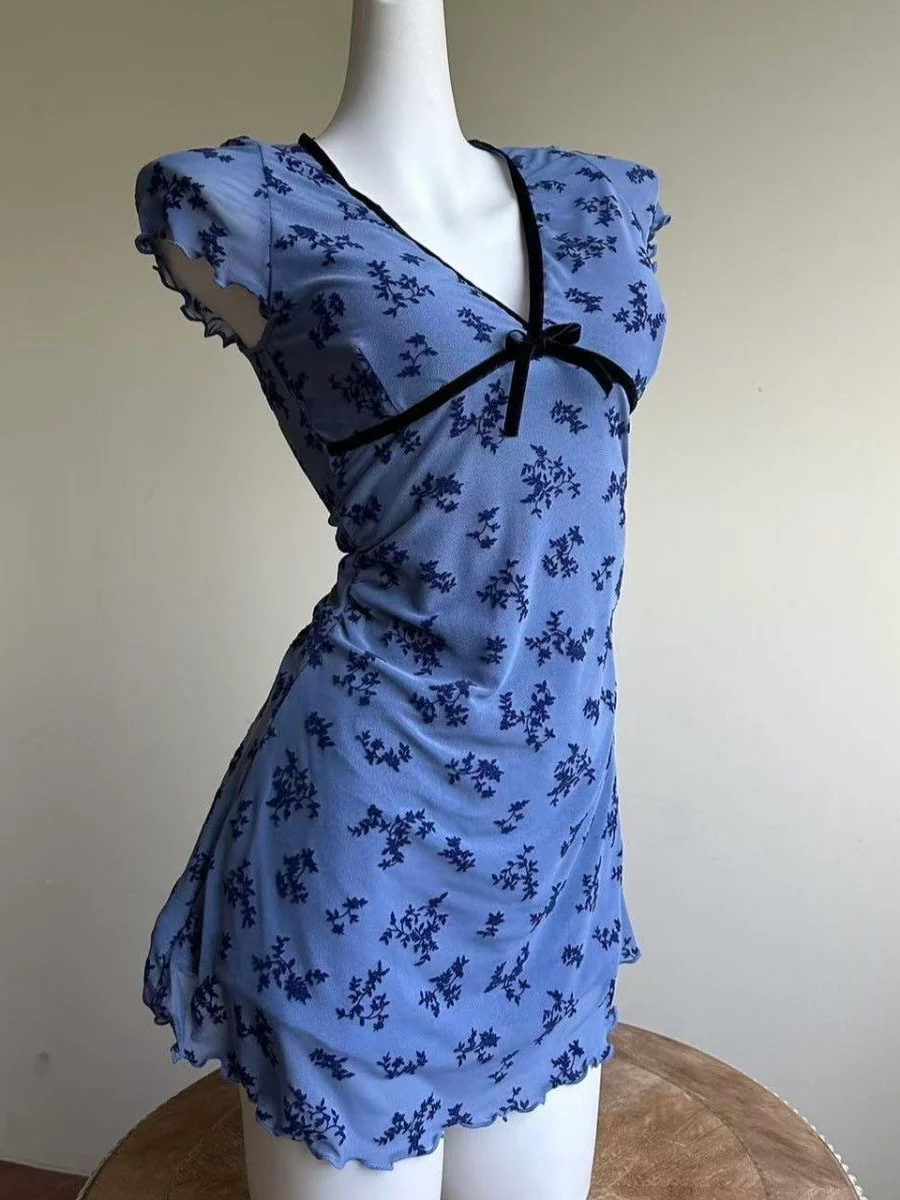 Floral Lace-Trim Mini Swimdress - Blue Vintage Elegance - Image 4