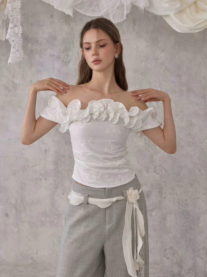 Floral Ruffle Off-Shoulder Top – White - Image 2