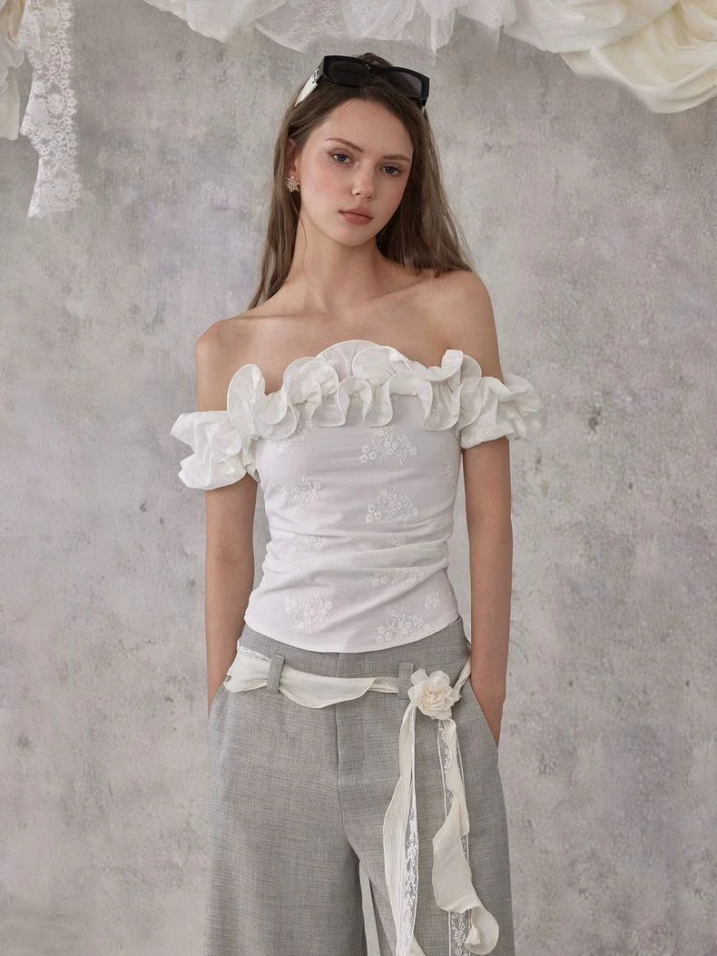 Floral Ruffle Off-Shoulder Top – White - Image 3