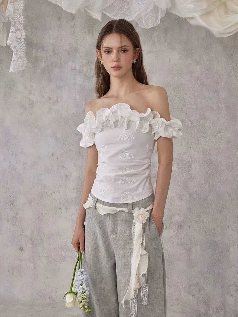 Floral Ruffle Off-Shoulder Top – White - Image 4