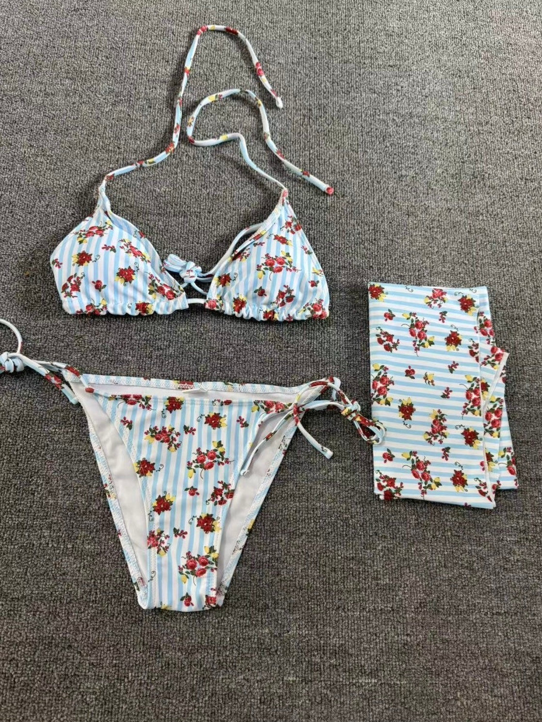 Floral Stripe 3-Piece Bikini Set with Wrap Skirt - Image 6