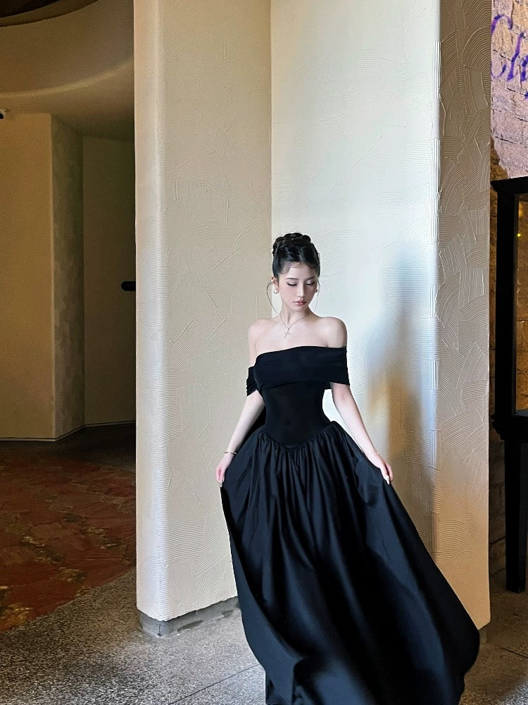 French Hepburn Off-Shoulder Ribbon Black Dress – Flowy & Elegant - Image 3
