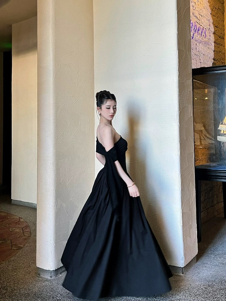 French Hepburn Off-Shoulder Ribbon Black Dress – Flowy & Elegant - Image 4