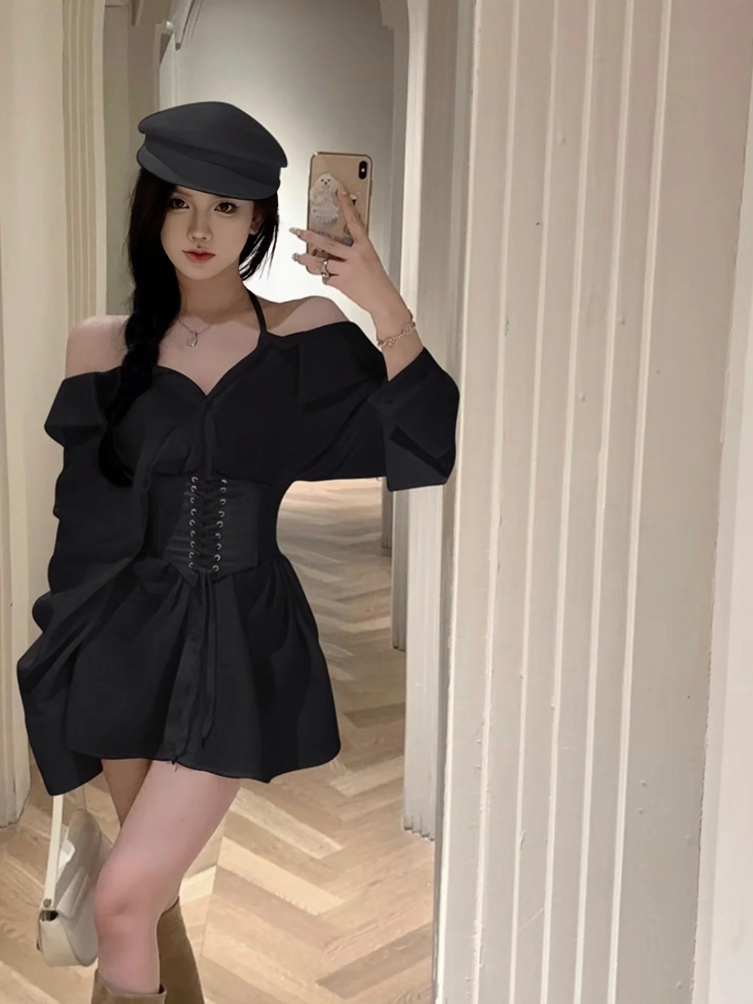 ‘French Sense' - Lace-up Long-sleeved Shirt Dress - Image 3
