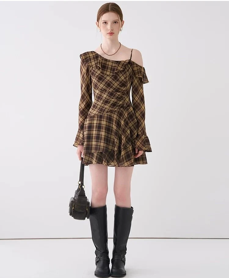 French Vintage Ruffled Plaid Dress – Irregular Hem Waist-Defined Dress - Image 2