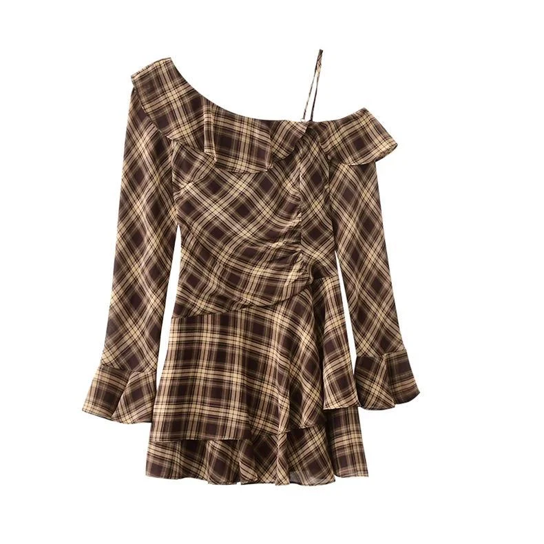 French Vintage Ruffled Plaid Dress – Irregular Hem Waist-Defined Dress - Image 3