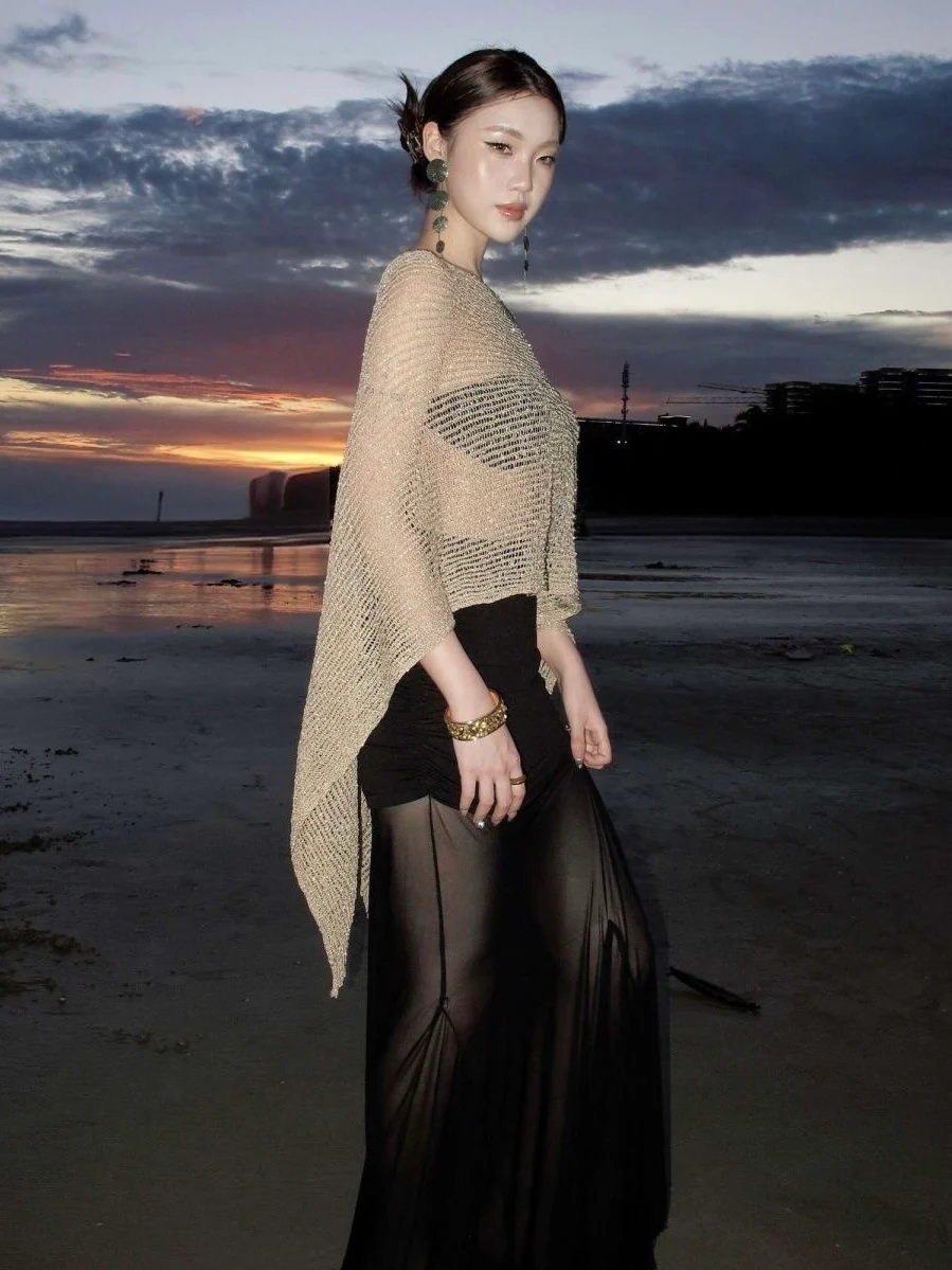 Sparkly Metallic Mesh Beach Cover Up | Gold Sheer Net Poncho Top | Shimmering See-Through Resort Wear for Women | Luxury Night-Out Overlay - Image 3