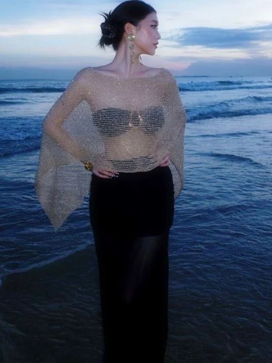 Sparkly Metallic Mesh Beach Cover Up | Gold Sheer Net Poncho Top | Shimmering See-Through Resort Wear for Women | Luxury Night-Out Overlay - Image 4