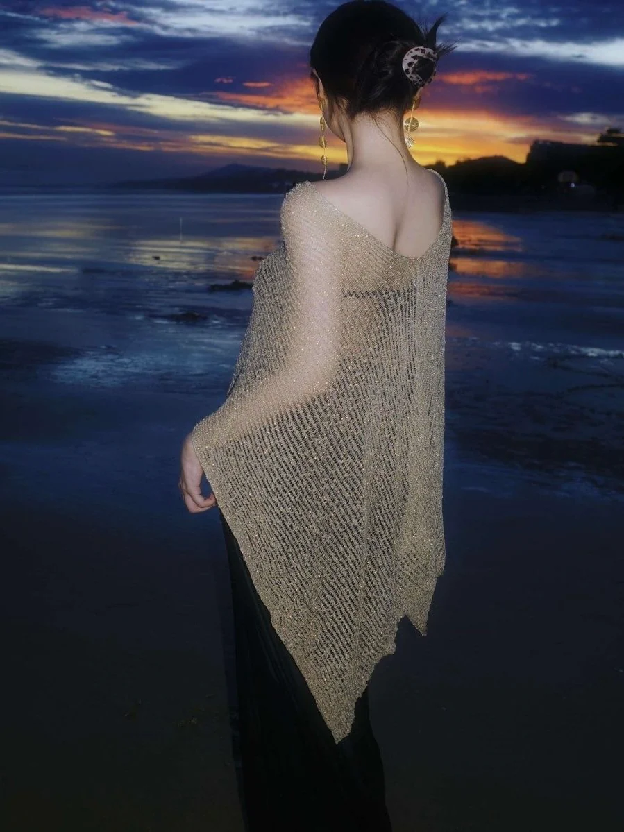 Sparkly Metallic Mesh Beach Cover Up | Gold Sheer Net Poncho Top | Shimmering See-Through Resort Wear for Women | Luxury Night-Out Overlay - Image 5
