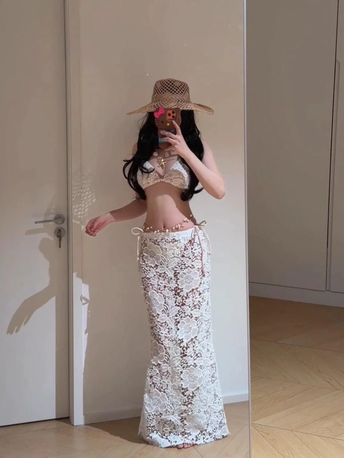 Golden Hour Resort Set with Bikini Lace Skirt and Pearl Waist Chain - Image 3