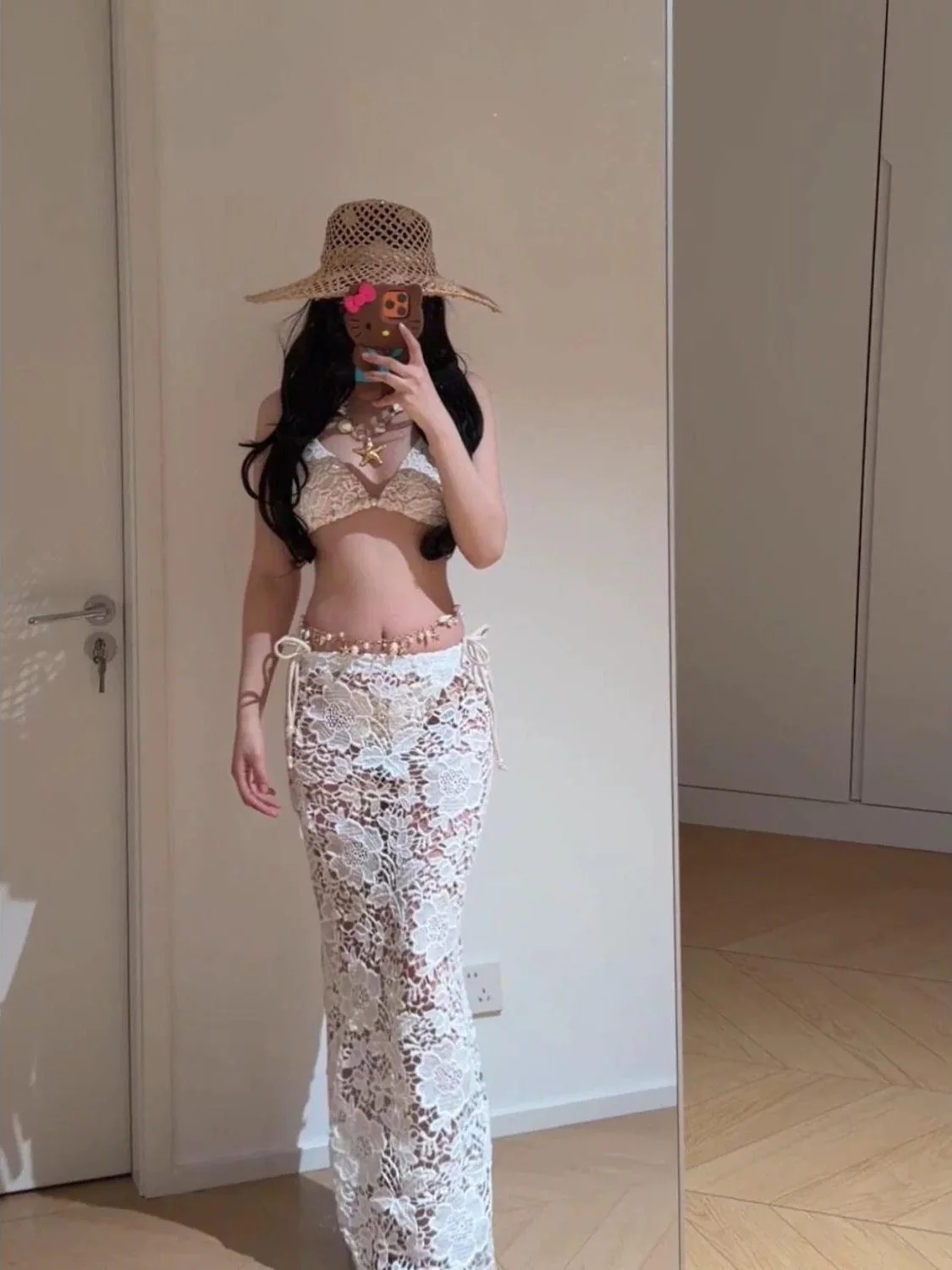 Golden Hour Resort Set with Bikini Lace Skirt and Pearl Waist Chain - Image 4