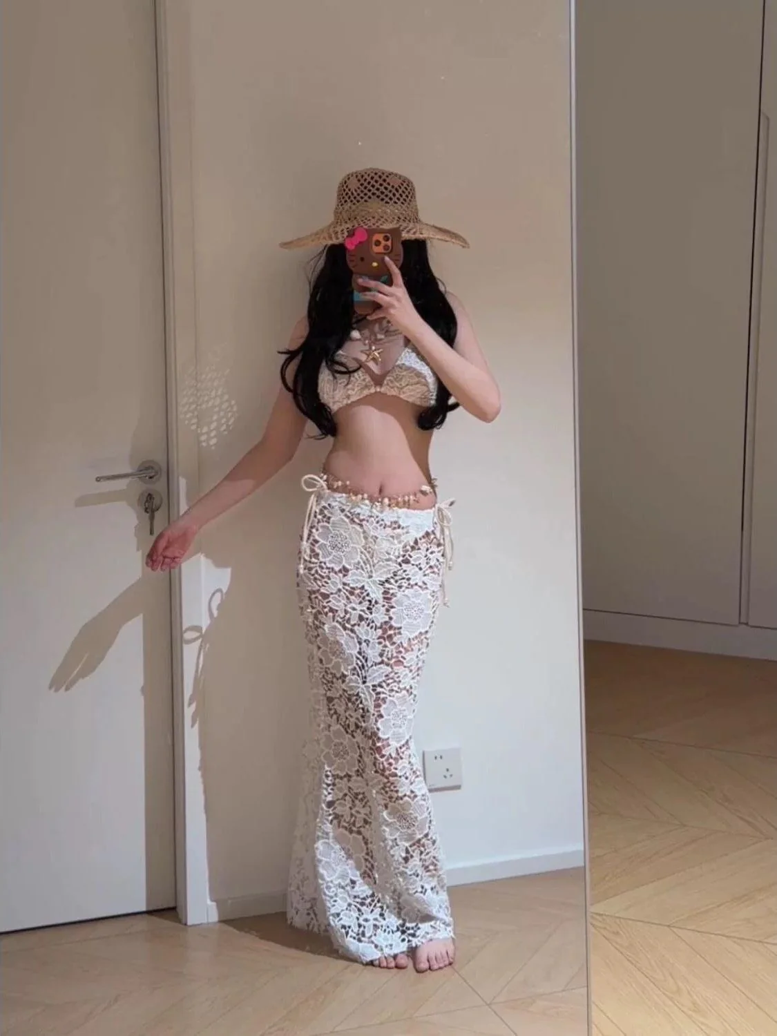 Golden Hour Resort Set with Bikini Lace Skirt and Pearl Waist Chain - Image 5