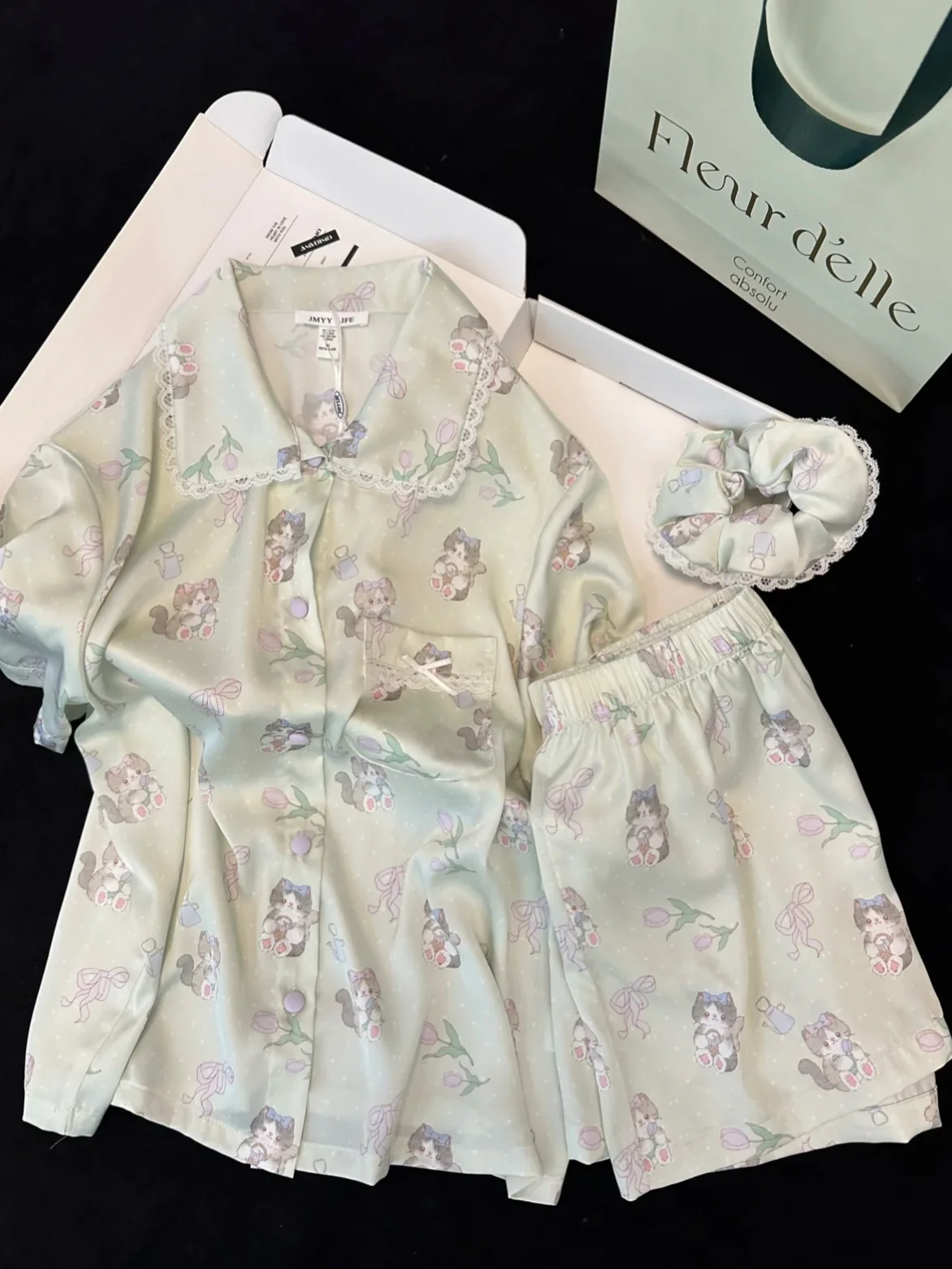 Green Tulip and Cat Print Pajama Set - Coquette Aesthetic Cottagecore Loungewear with Bow Details - Image 2