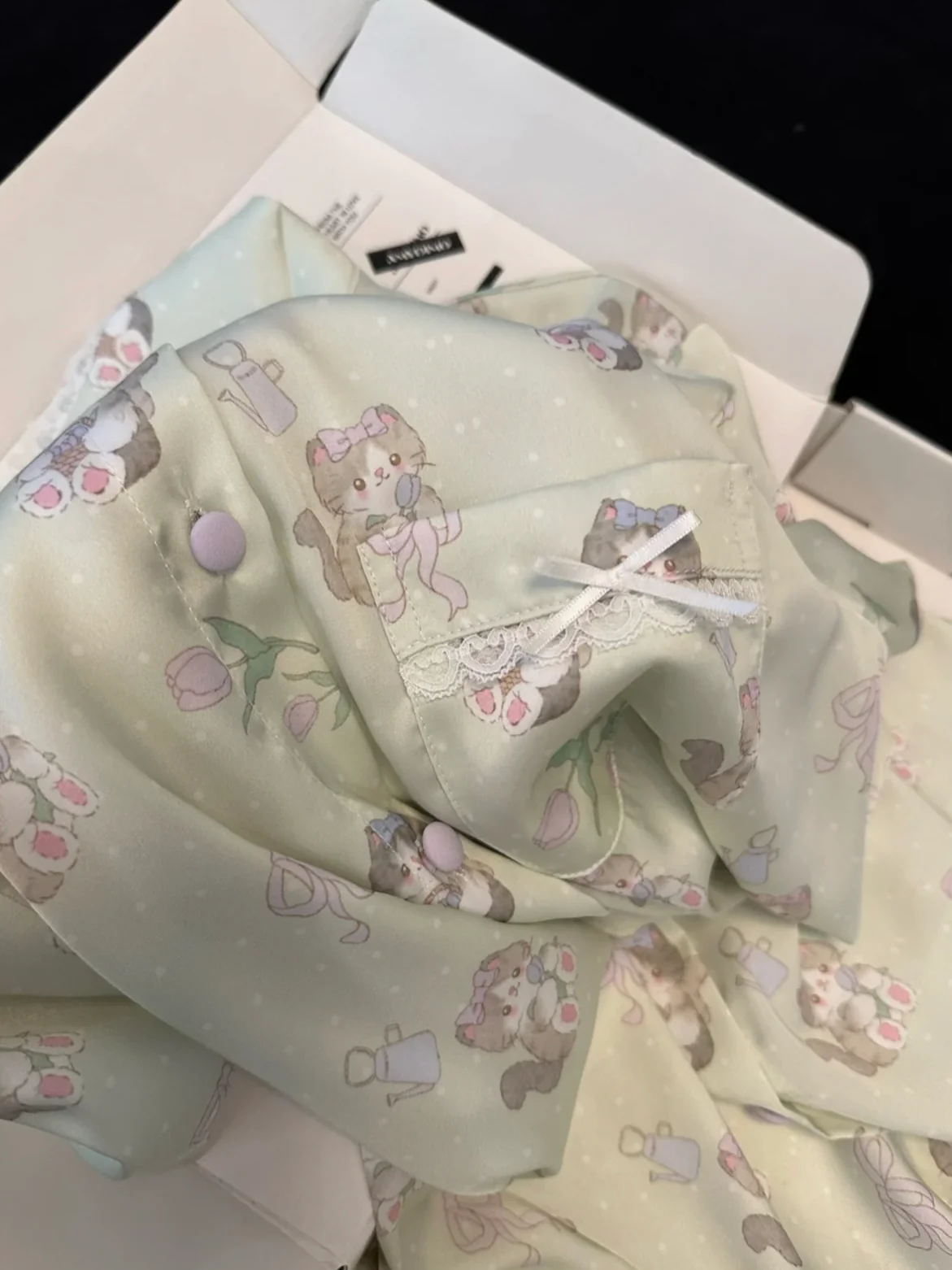 Green Tulip and Cat Print Pajama Set - Coquette Aesthetic Cottagecore Loungewear with Bow Details - Image 5