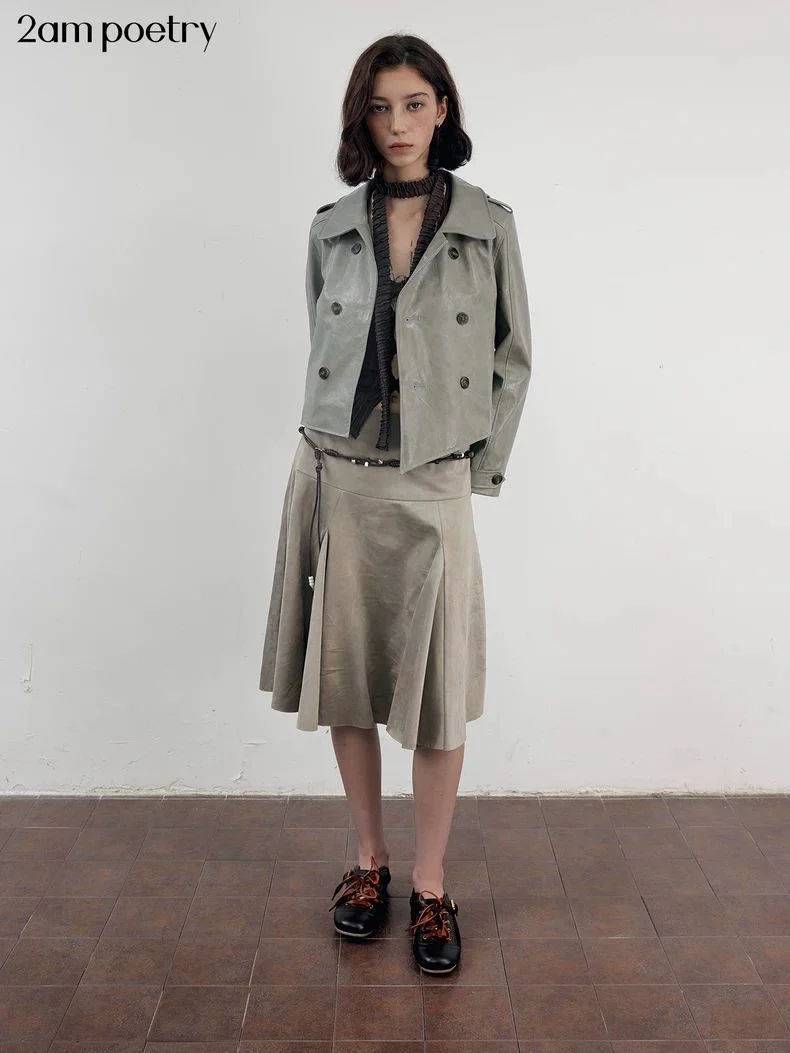Haze Green Cropped Leather Jacket | Cut-Off Vintage Biker Style - Image 2