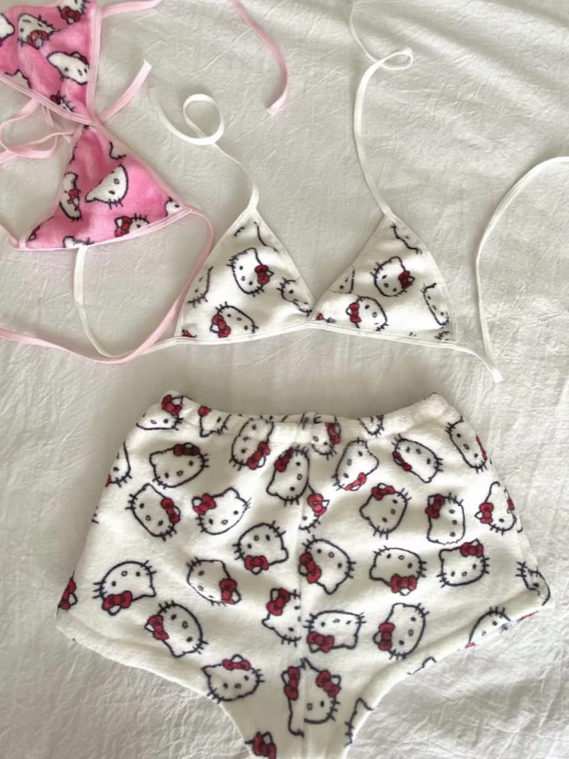 Hello Kitty Pink Fuzzy Fleece Bikini Sleepwear Set | Kawaii Plush Micro-Set Loungewear - Image 5