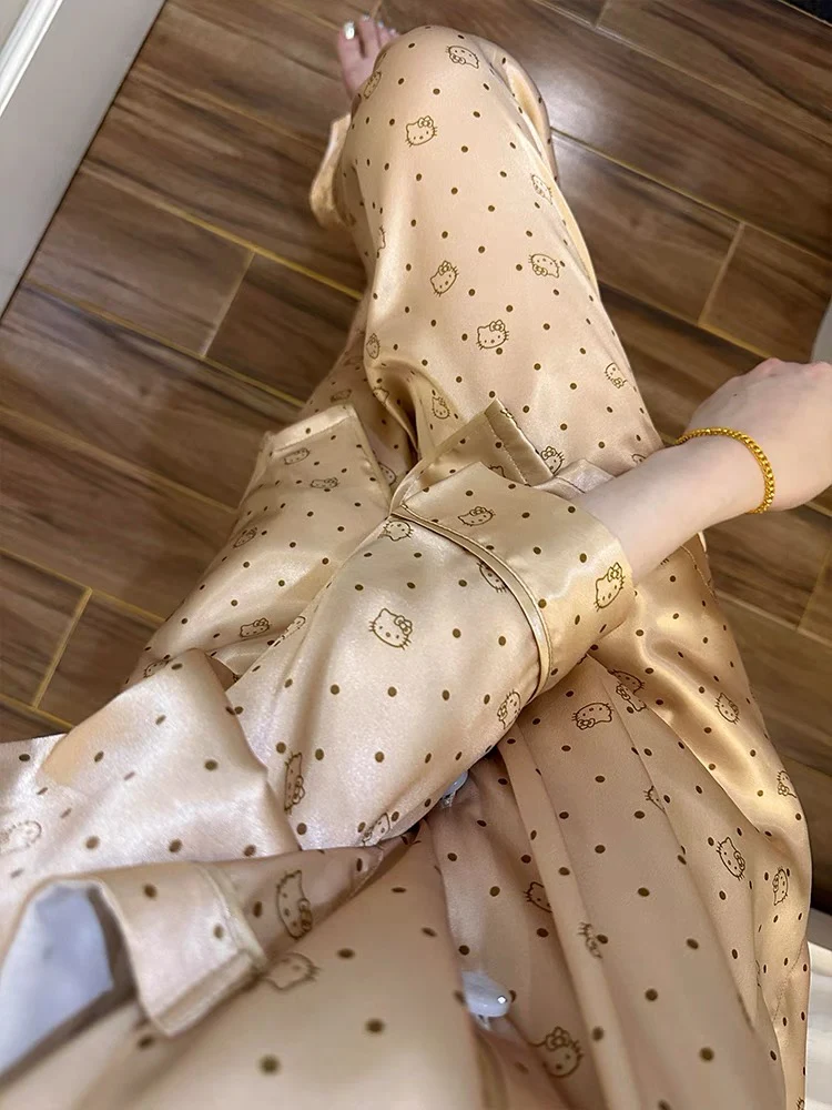 Hello Kitty Golden Leopard Ice Silk Pajama Set - Luxury Gold Y2K Aesthetic Loungewear - Image 3