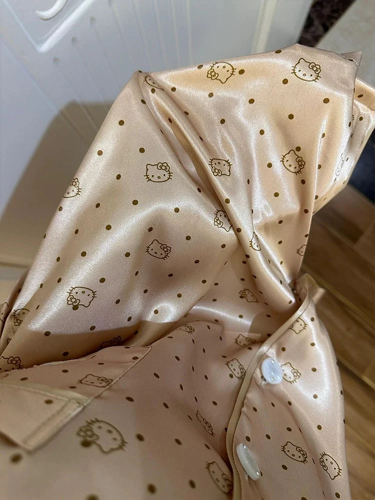 Hello Kitty Golden Leopard Ice Silk Pajama Set - Luxury Gold Y2K Aesthetic Loungewear - Image 4