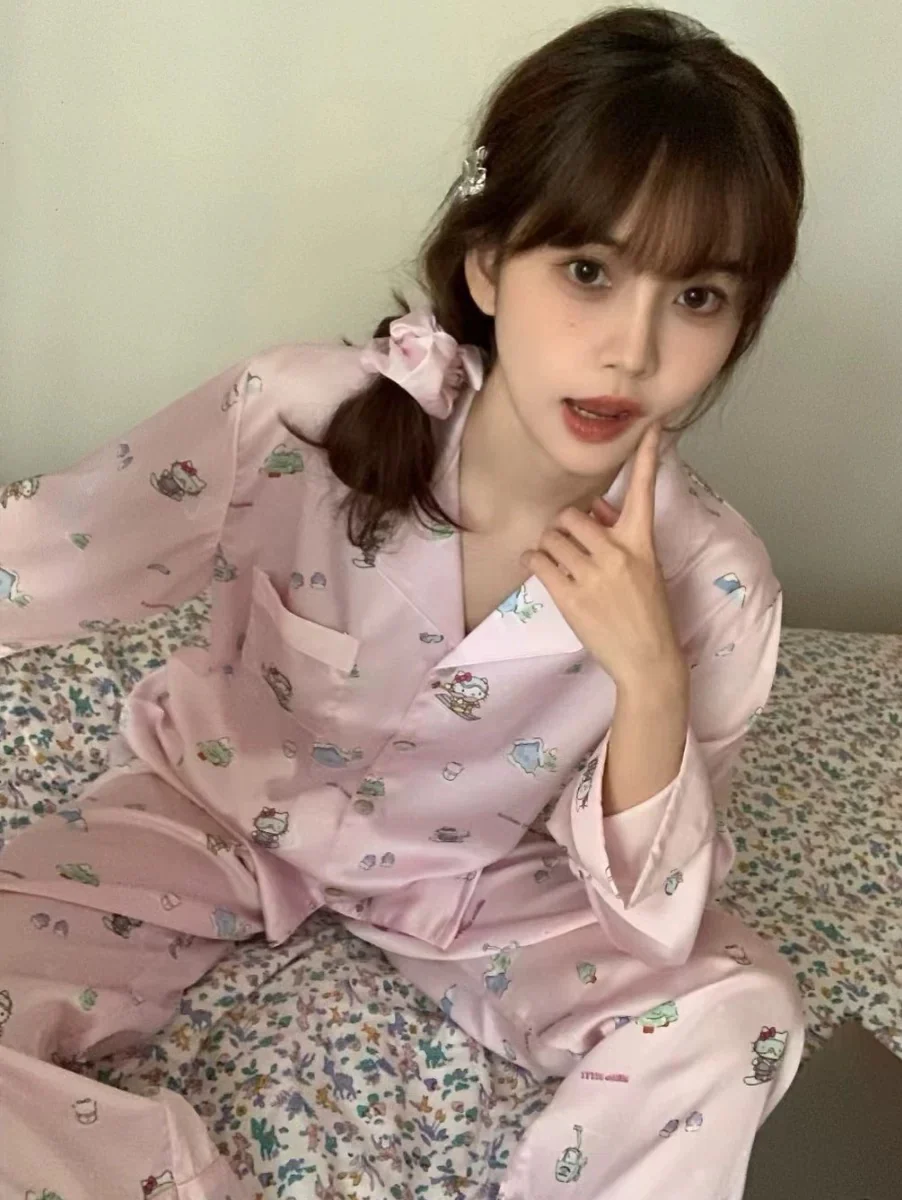 Hello Kitty Signature Ice Silk Pajama Set - Breathable Pink Y2K Aesthetic Loungewear - Image 3