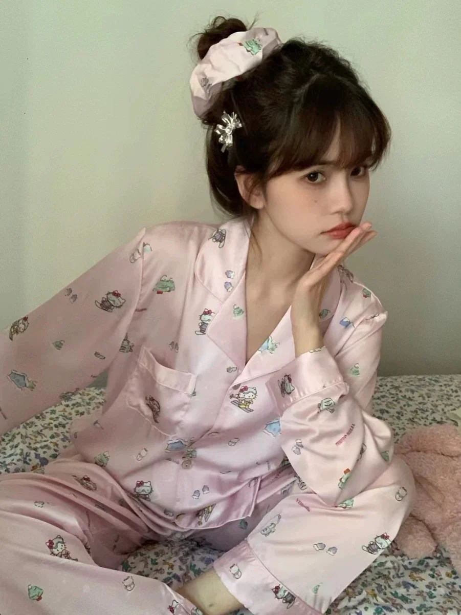 Hello Kitty Signature Ice Silk Pajama Set - Breathable Pink Y2K Aesthetic Loungewear - Image 4