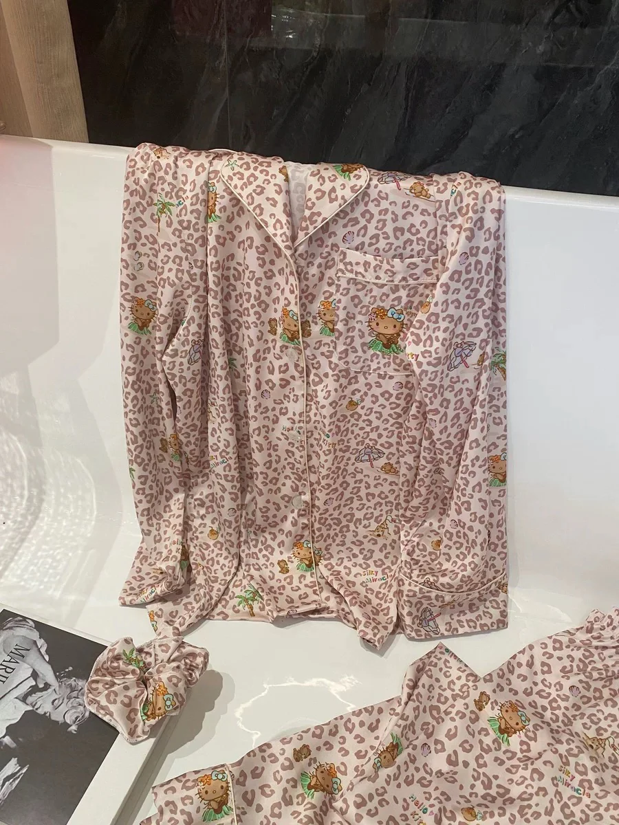 Hello Kitty Leopard Print Pajama Set - Silk-Satin Y2K Aesthetic Sleepwear - Image 3