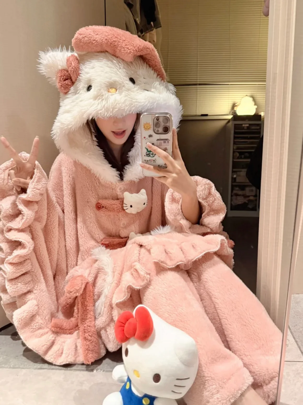 Hello Kitty Pink Coral Fleece Hooded Cape Pajama - Image 2