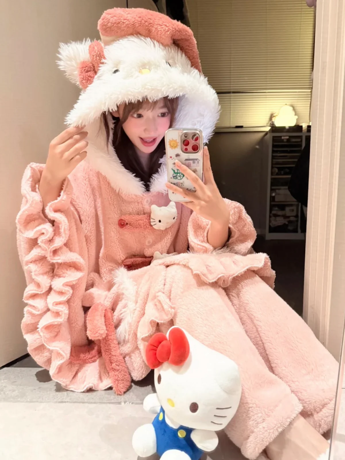 Hello Kitty Pink Coral Fleece Hooded Cape Pajama - Image 3